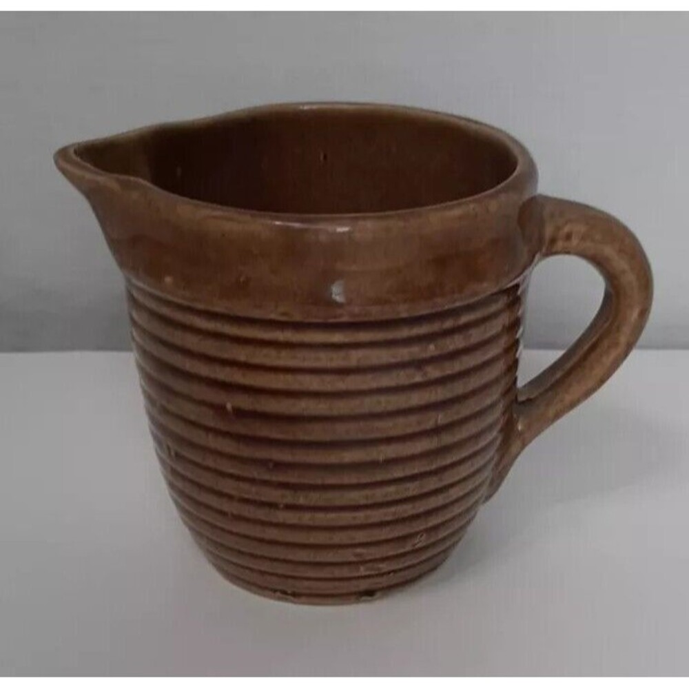 Monmouth Pottery Ribbed Light Brown Pitcher 4" Diameter 4.5" Tall Vintage USA